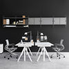 Modern office setup with white desks, gray shelving, white chairs, and a dark wall background for a sleek look.