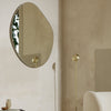 Reflective, organic-shaped wall mirror with polished silver edges, set against a warm, neutral-toned wall.