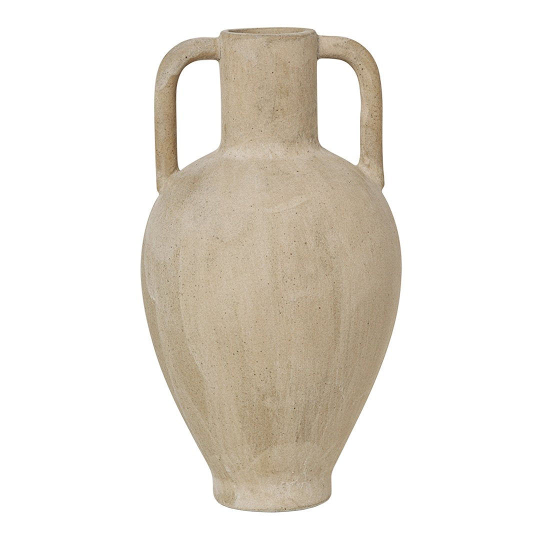 Beige ceramic vase with smooth surface and two sturdy handles, perfect for any decor style.