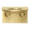 Brushed brass doorstop with sleek, modern design and subtle sheen, featuring two decorative screw holes.