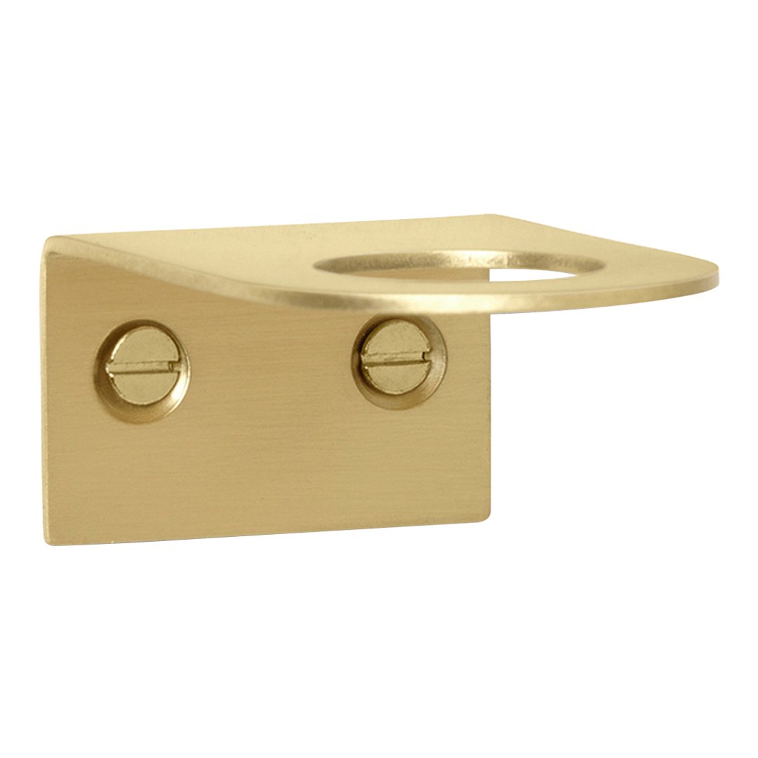 Brushed gold wall-mounted shelf bracket with a sleek, minimal design and circular cutout.