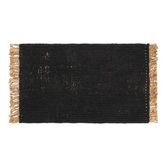 Black woven rug with beige fringes, featuring a textured pattern for a stylish, modern look.