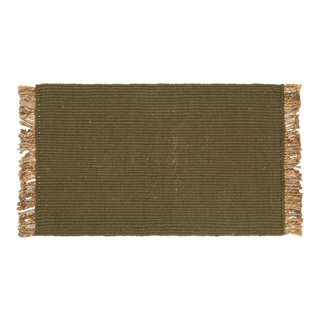 Olive green woven rug with fringed edges, showcasing a textured, striped pattern for a natural look.