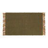 Olive green woven rug with fringed edges, showcasing a textured, striped pattern for a natural look.