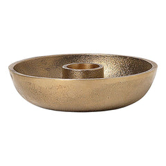 "Round metallic bowl in a textured gold finish, featuring a central candle holder."