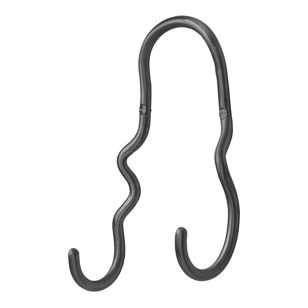Black, wavy metal hook with a sleek design, perfect for hanging items in style.