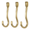 "Three elegant gold wall hooks showcasing a sleek, curved design with a shiny metallic finish."