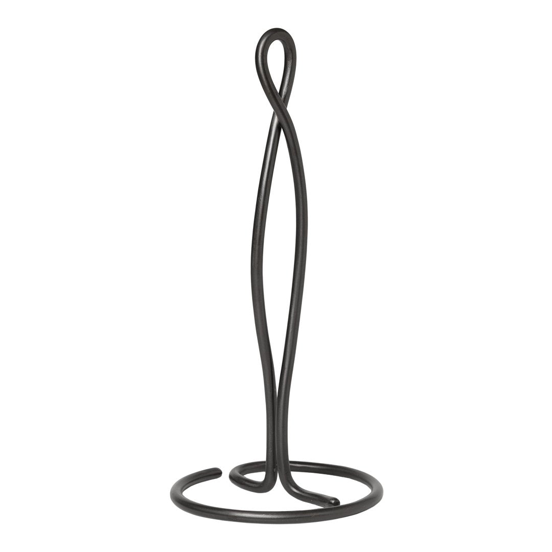 Sleek black metal paper towel holder with a modern twisted design. Simple and elegant for any kitchen decor.