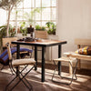 "Modern black and wood dining table with beige canvas chairs, accentuated by colorful striped cushions and greenery."