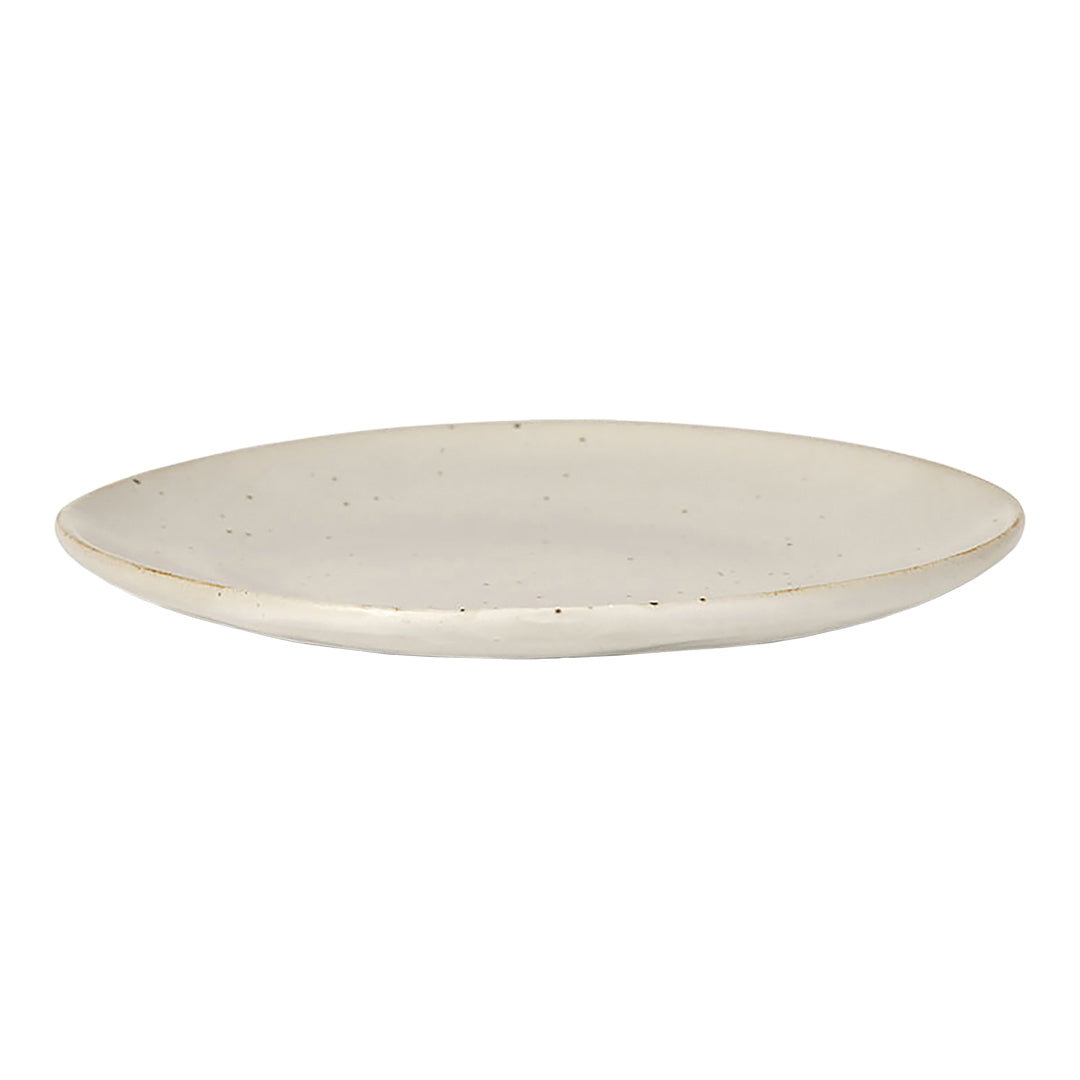 Cream oval serving plate with subtle speckles and a smooth, minimalist design. Perfect for elegant dining.