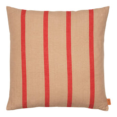 Tan pillow with bold red vertical stripes. Textured fabric adds depth and interest. Perfect for modern decor.