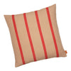 Tan pillow with bold red stripes, perfect for adding a pop of color and style to any space.