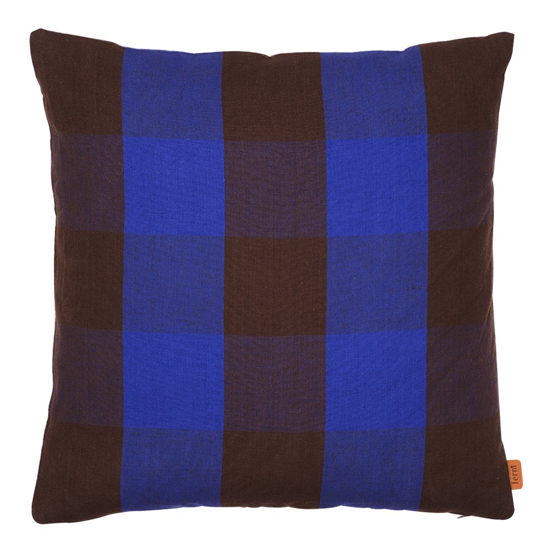 Blue and brown plaid pattern pillow, featuring a vibrant checkered design. Perfect for home decor.