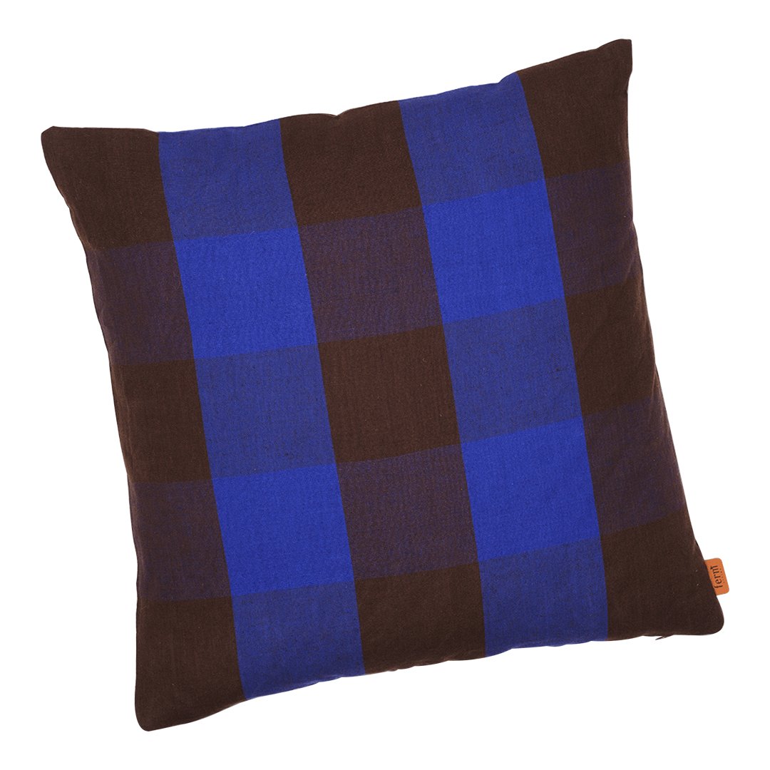 Blue and brown plaid patterned throw pillow with a modern design, perfect for stylish home decor.