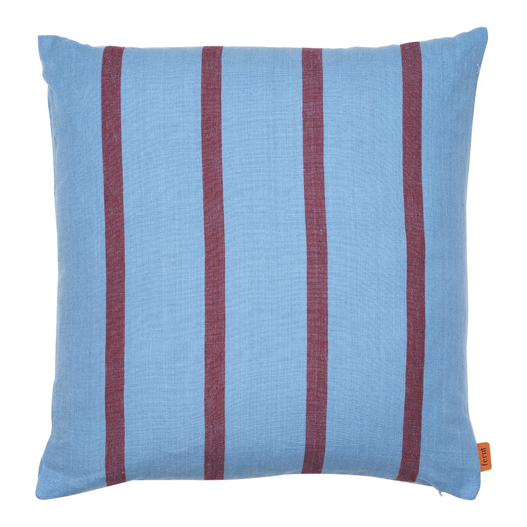 Blue striped pillow with maroon vertical lines, adding a stylish touch to any decor. Perfect for home accents.