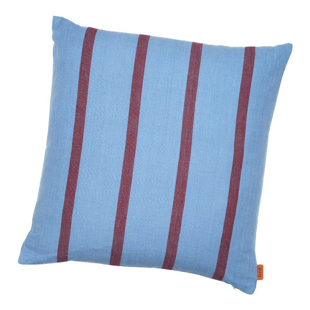 Blue pillow featuring bold maroon stripes, perfect for adding a pop of color to any decor.