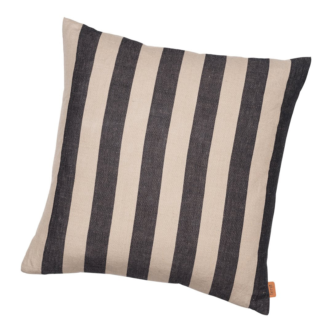 Beige and dark navy striped cushion with a textured fabric design, perfect for adding style to your decor.