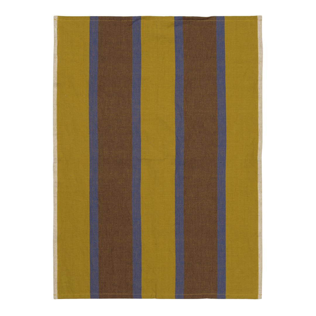 Striped textile featuring mustard yellow, deep brown, and blue lines for a vibrant, modern look. Perfect for any decor.
