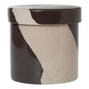 Ceramic container featuring a sleek black and beige abstract swirl pattern on a glossy finish. Perfect for modern decor.