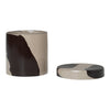 Ceramic container with an abstract black and beige pattern, featuring a smooth finish and a matching lid.