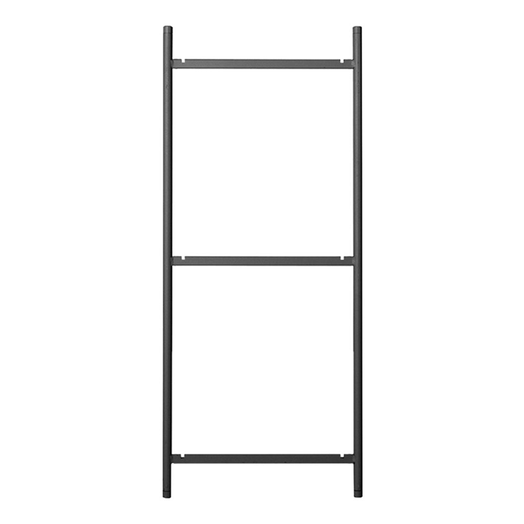 Black metal shelving unit with a sleek, modern design and no visible patterns. Ideal for minimalist spaces.