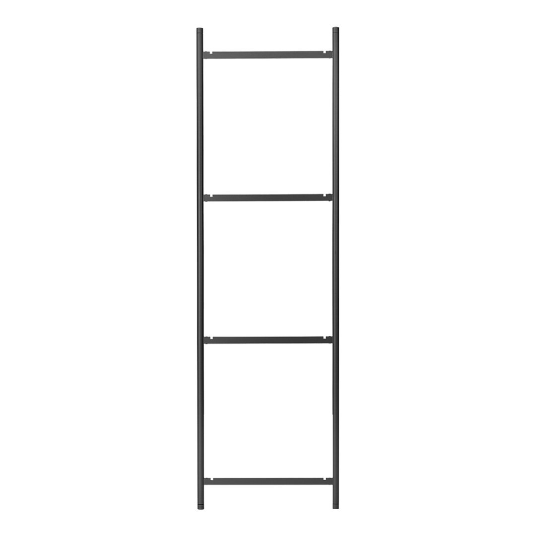 Sleek black ladder shelving unit with a minimalist design, featuring four open shelves and no visible patterns.