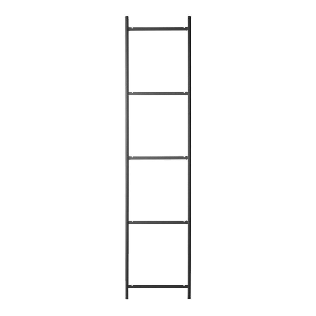 Black metal ladder shelf with a sleek, minimalist design and four open shelves for storage or display.