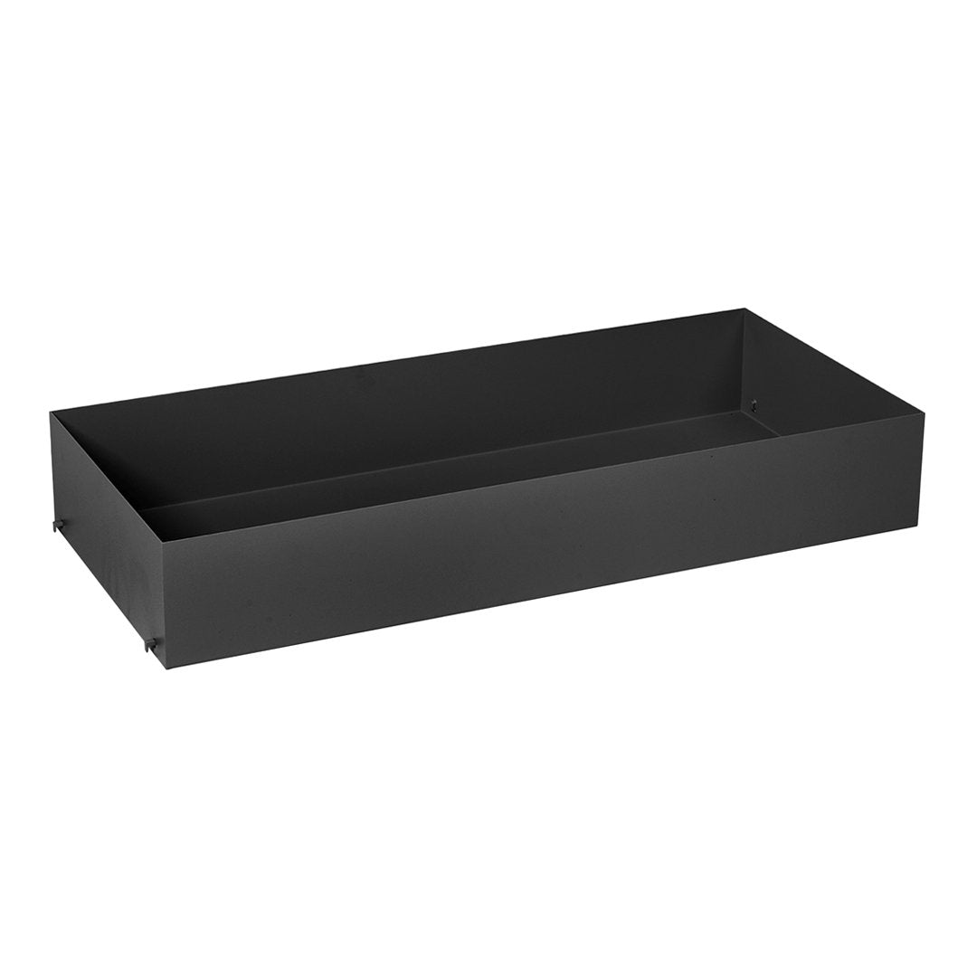 Black rectangular storage tray with a sleek, minimalist design and smooth matte finish. Ideal for organizing items.