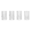 Set of four clear glass tumblers with textured vertical ribbed pattern. Elegant and modern design for any table.