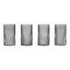Set of four transparent glass tumblers with textured ribbed pattern, showcasing elegant gray tones.