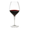 Elegant clear wine glass filled with rich, deep red wine, showcasing smooth curves and a classic design.