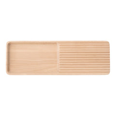 Natural wood serving tray with smooth and ridged patterns, showcasing a light, warm beige finish. Perfect for dining decor.