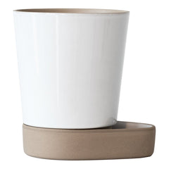 White ceramic planter with a smooth finish and a beige saucer, featuring a minimalist and modern design.